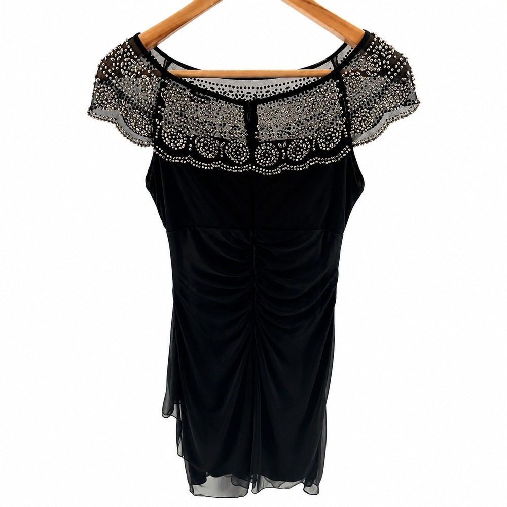MSK Women Black Beaded Rhinestone Mesh Neckline Ruched Evening Blouse Top Size 8